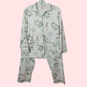 Hello Kitty Printed Pajama Set For Women Button-Up Top & Elastic Waist Pants Siz